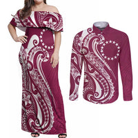 Kia Orana Cook Islands Couples Matching Off Shoulder Maxi Dress and Long Sleeve Button Shirt Maroon Plumeria Tropical Waves - Polynesian Pride