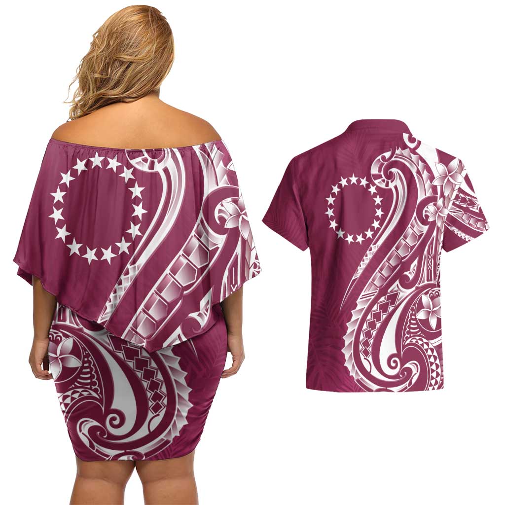 Kia Orana Cook Islands Couples Matching Off Shoulder Short Dress and Hawaiian Shirt Maroon Plumeria Tropical Waves - Polynesian Pride
