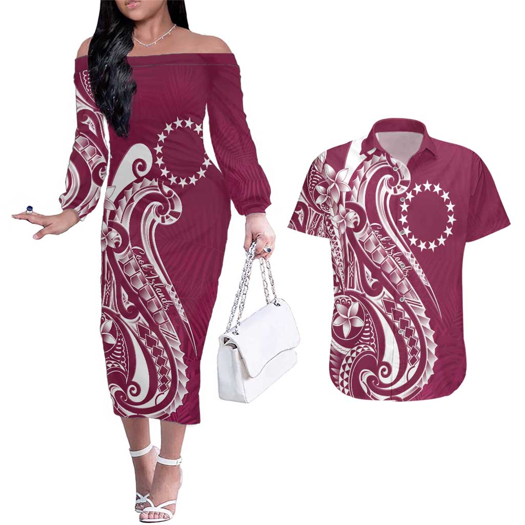 Kia Orana Cook Islands Couples Matching Off The Shoulder Long Sleeve Dress and Hawaiian Shirt Maroon Plumeria Tropical Waves - Polynesian Pride