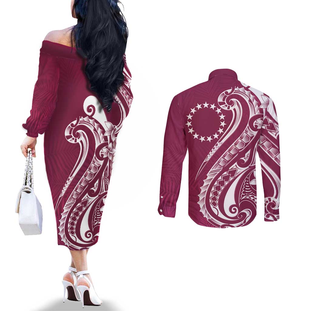 Kia Orana Cook Islands Couples Matching Off The Shoulder Long Sleeve Dress and Long Sleeve Button Shirt Maroon Plumeria Tropical Waves - Polynesian Pride