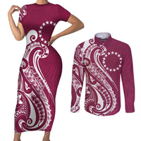Kia Orana Cook Islands Couples Matching Short Sleeve Bodycon Dress and Long Sleeve Button Shirt Maroon Plumeria Tropical Waves - Polynesian Pride
