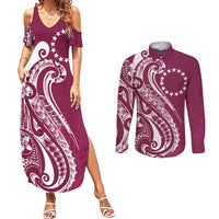 Kia Orana Cook Islands Couples Matching Summer Maxi Dress and Long Sleeve Button Shirt Maroon Plumeria Tropical Waves - Polynesian Pride