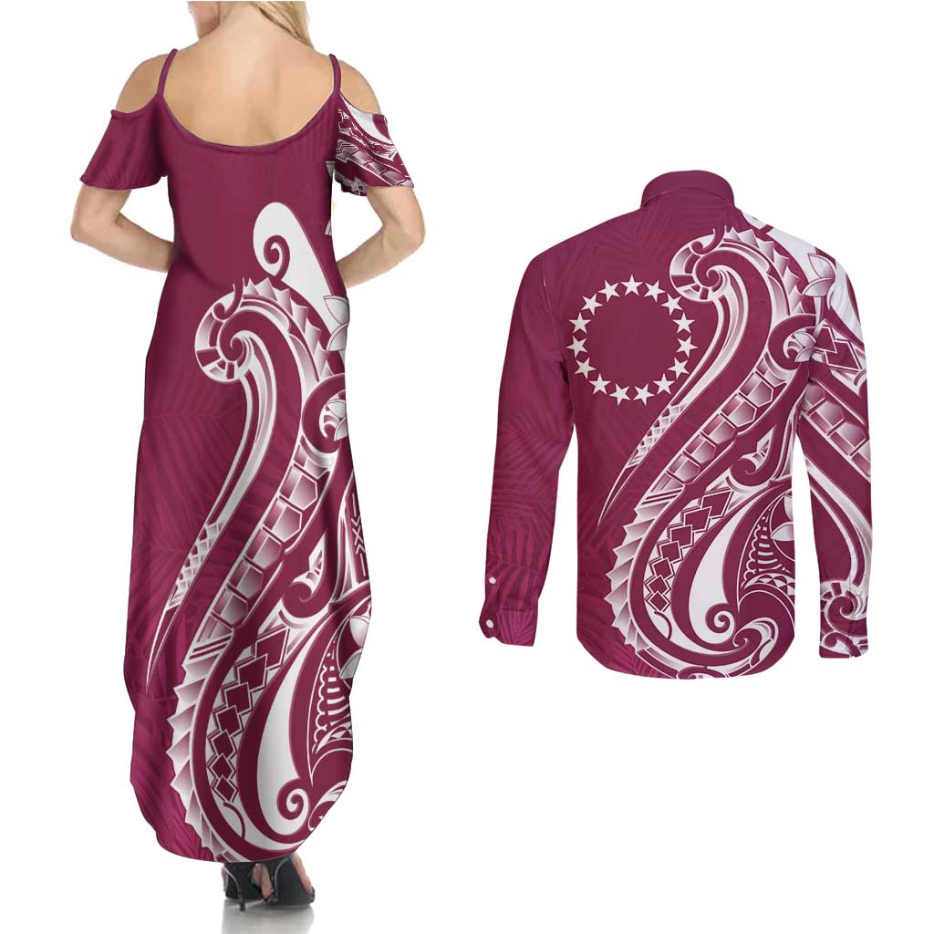 Kia Orana Cook Islands Couples Matching Summer Maxi Dress and Long Sleeve Button Shirt Maroon Plumeria Tropical Waves - Polynesian Pride