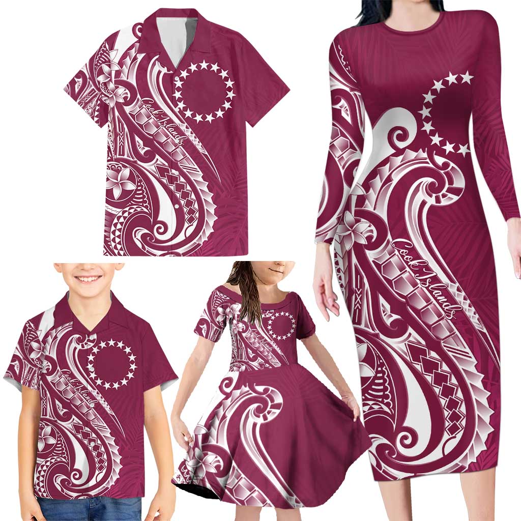 Kia Orana Cook Islands Family Matching Long Sleeve Bodycon Dress and Hawaiian Shirt Maroon Plumeria Tropical Waves - Polynesian Pride