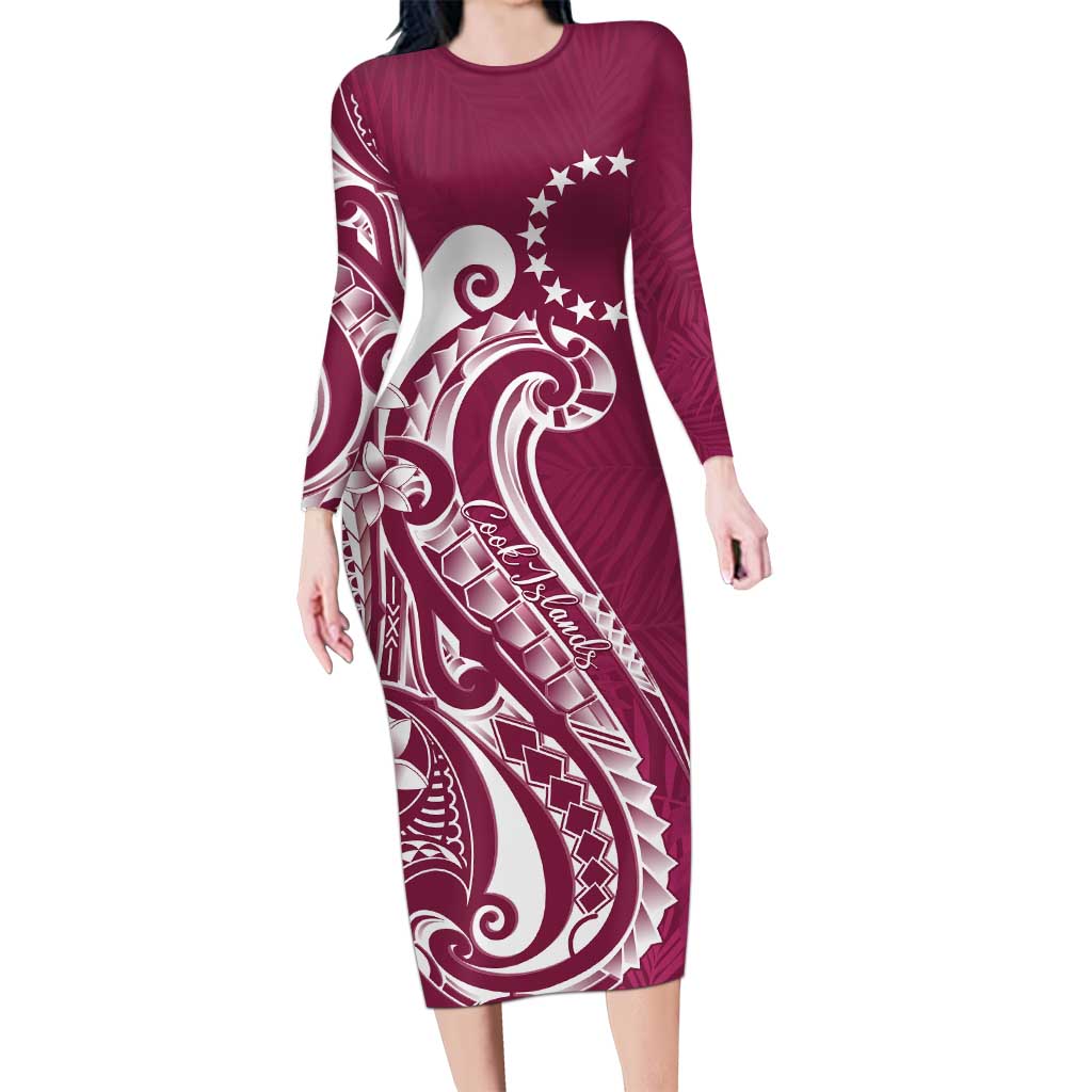 Kia Orana Cook Islands Family Matching Long Sleeve Bodycon Dress and Hawaiian Shirt Maroon Plumeria Tropical Waves - Polynesian Pride