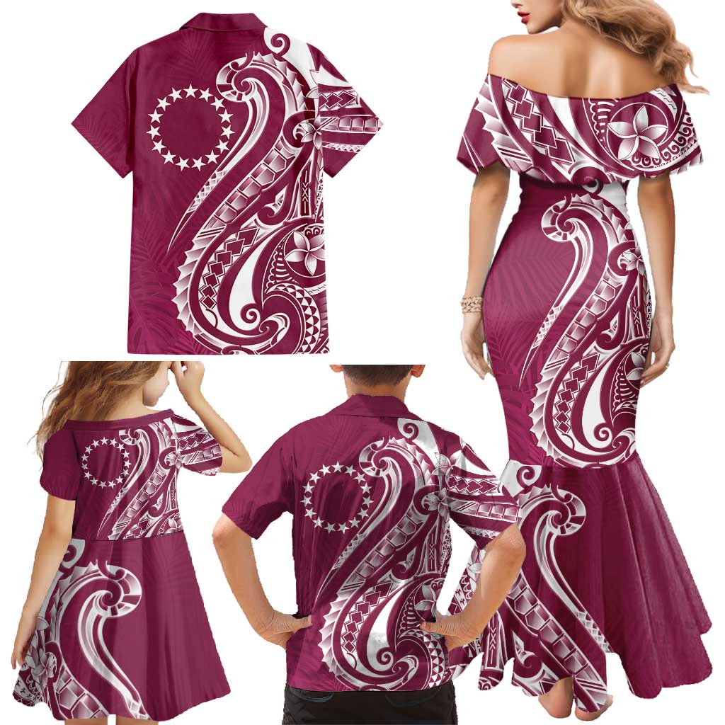 Kia Orana Cook Islands Family Matching Mermaid Dress and Hawaiian Shirt Maroon Plumeria Tropical Waves - Polynesian Pride