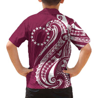 Kia Orana Cook Islands Family Matching Off The Shoulder Long Sleeve Dress and Hawaiian Shirt Maroon Plumeria Tropical Waves - Polynesian Pride