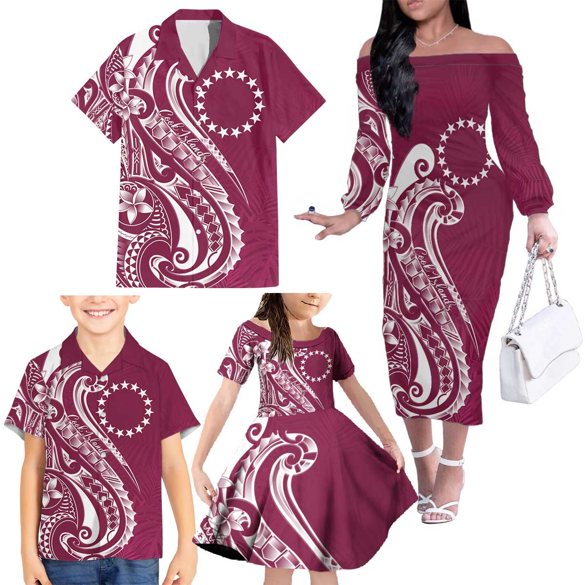 Kia Orana Cook Islands Family Matching Off The Shoulder Long Sleeve Dress and Hawaiian Shirt Maroon Plumeria Tropical Waves - Polynesian Pride