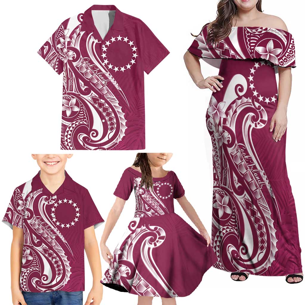 Kia Orana Cook Islands Family Matching Off Shoulder Maxi Dress and Hawaiian Shirt Maroon Plumeria Tropical Waves - Polynesian Pride