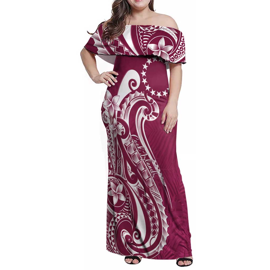 Kia Orana Cook Islands Family Matching Off Shoulder Maxi Dress and Hawaiian Shirt Maroon Plumeria Tropical Waves - Polynesian Pride