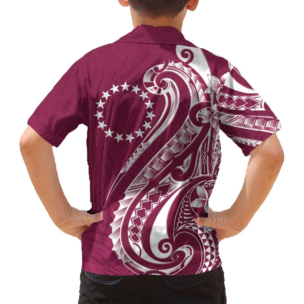Kia Orana Cook Islands Family Matching Off Shoulder Short Dress and Hawaiian Shirt Maroon Plumeria Tropical Waves LT7 - Polynesian Pride