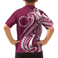 Kia Orana Cook Islands Family Matching Off Shoulder Short Dress and Hawaiian Shirt Maroon Plumeria Tropical Waves LT7 - Polynesian Pride