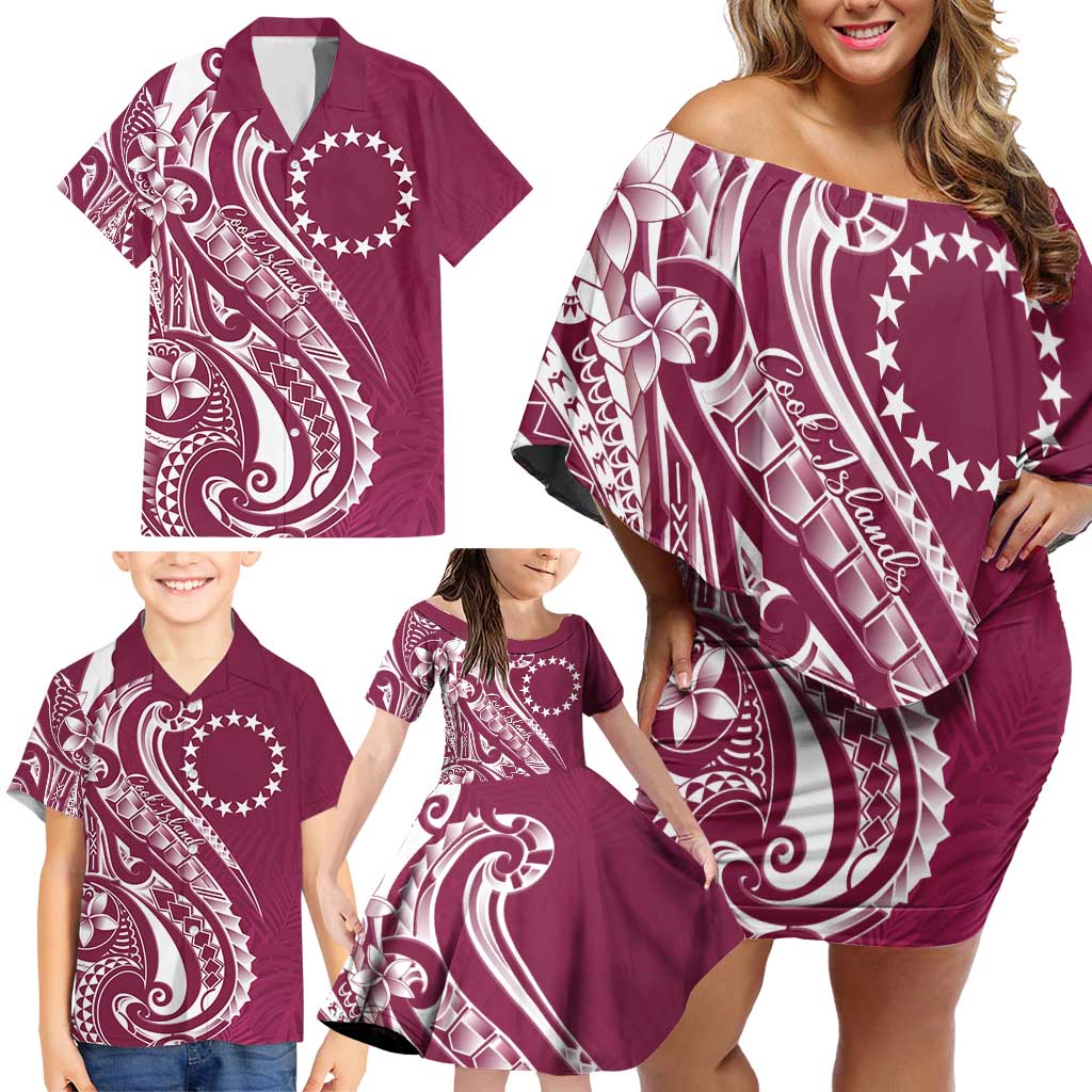 Kia Orana Cook Islands Family Matching Off Shoulder Short Dress and Hawaiian Shirt Maroon Plumeria Tropical Waves - Polynesian Pride