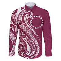 Kia Orana Cook Islands Family Matching Off Shoulder Short Dress and Hawaiian Shirt Maroon Plumeria Tropical Waves LT7 Dad's Shirt - Long Sleeve Maroon - Polynesian Pride