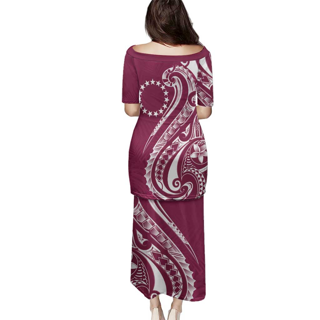 Kia Orana Cook Islands Family Matching Puletasi and Hawaiian Shirt Maroon Plumeria Tropical Waves - Polynesian Pride