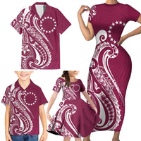 Kia Orana Cook Islands Family Matching Short Sleeve Bodycon Dress and Hawaiian Shirt Maroon Plumeria Tropical Waves - Polynesian Pride