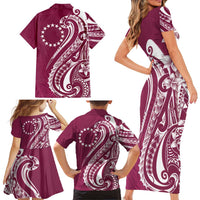 Kia Orana Cook Islands Family Matching Short Sleeve Bodycon Dress and Hawaiian Shirt Maroon Plumeria Tropical Waves - Polynesian Pride