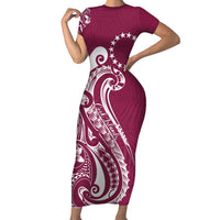 Kia Orana Cook Islands Family Matching Short Sleeve Bodycon Dress and Hawaiian Shirt Maroon Plumeria Tropical Waves - Polynesian Pride