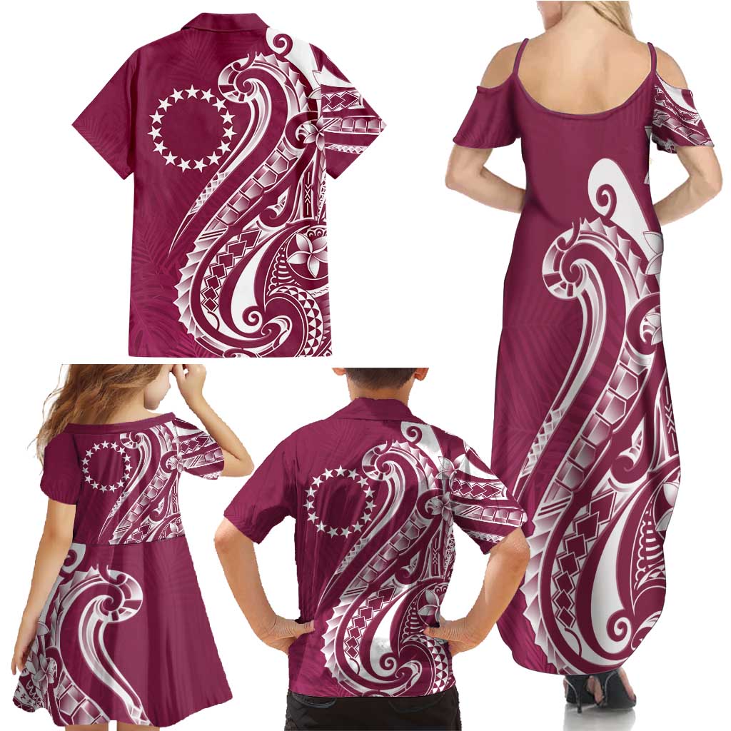 Kia Orana Cook Islands Family Matching Summer Maxi Dress and Hawaiian Shirt Maroon Plumeria Tropical Waves - Polynesian Pride