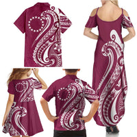 Kia Orana Cook Islands Family Matching Summer Maxi Dress and Hawaiian Shirt Maroon Plumeria Tropical Waves - Polynesian Pride
