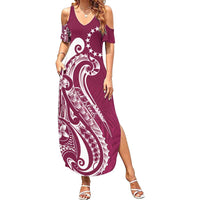 Kia Orana Cook Islands Family Matching Summer Maxi Dress and Hawaiian Shirt Maroon Plumeria Tropical Waves - Polynesian Pride