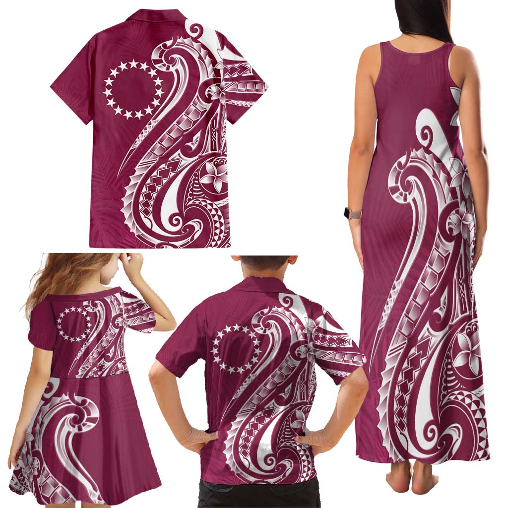 Kia Orana Cook Islands Family Matching Tank Maxi Dress and Hawaiian Shirt Maroon Plumeria Tropical Waves - Polynesian Pride