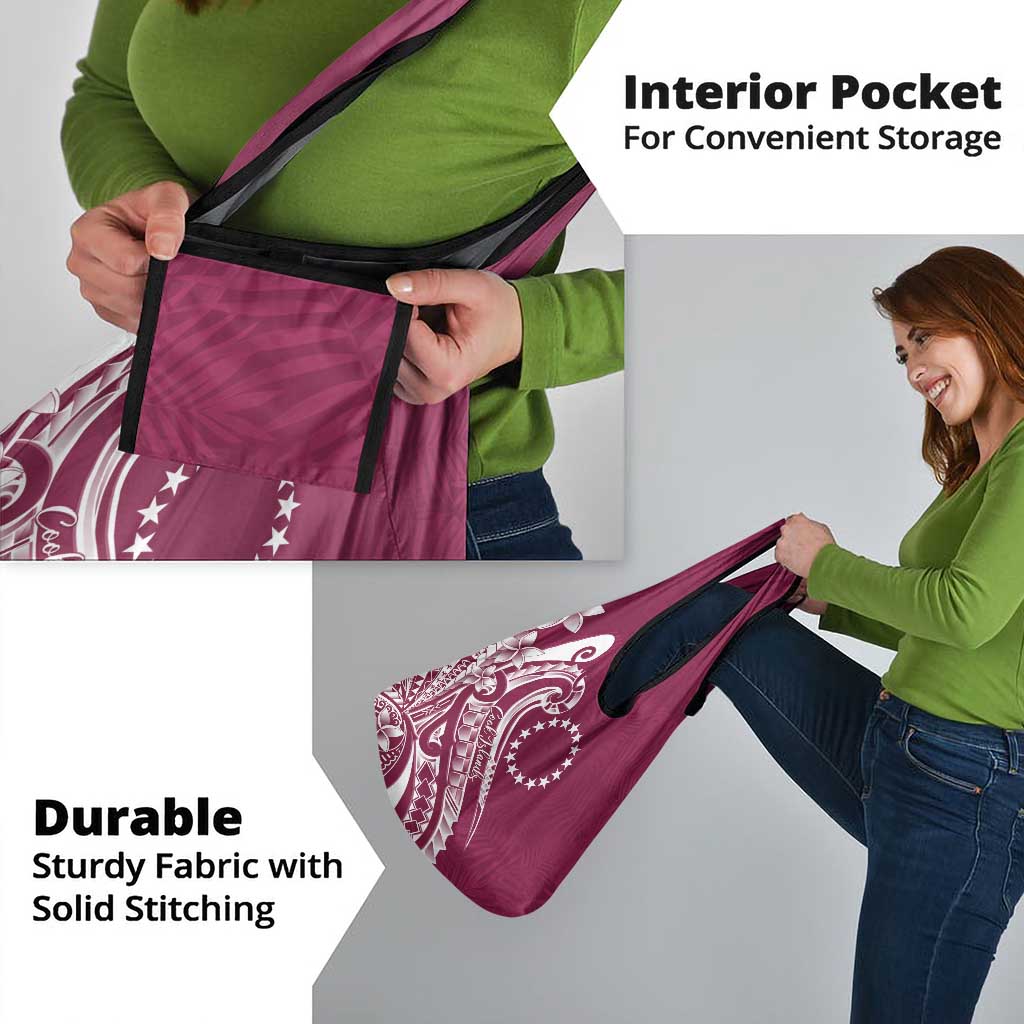 Kia Orana Cook Islands Grocery Bag Maroon Plumeria Tropical Waves - Polynesian Pride