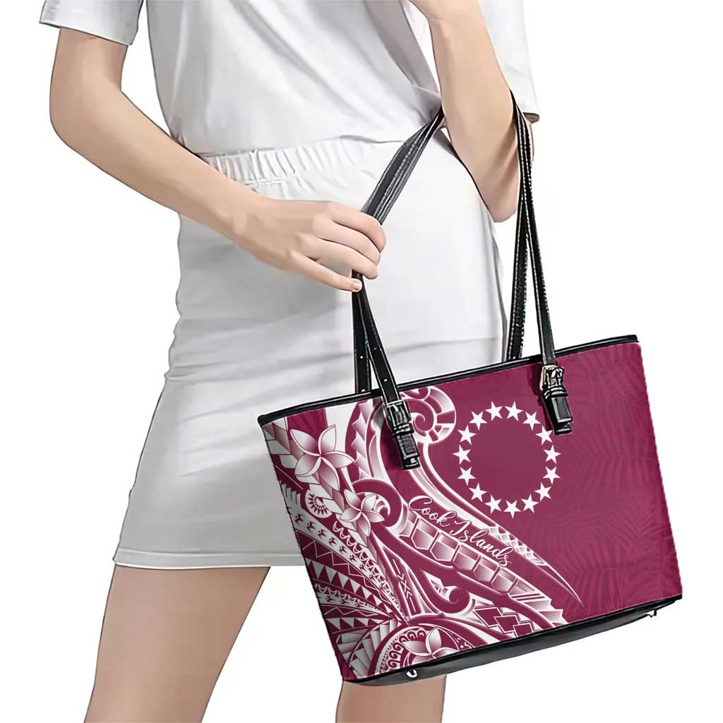 Kia Orana Cook Islands Leather Tote Bag Maroon Plumeria Tropical Waves - Polynesian Pride