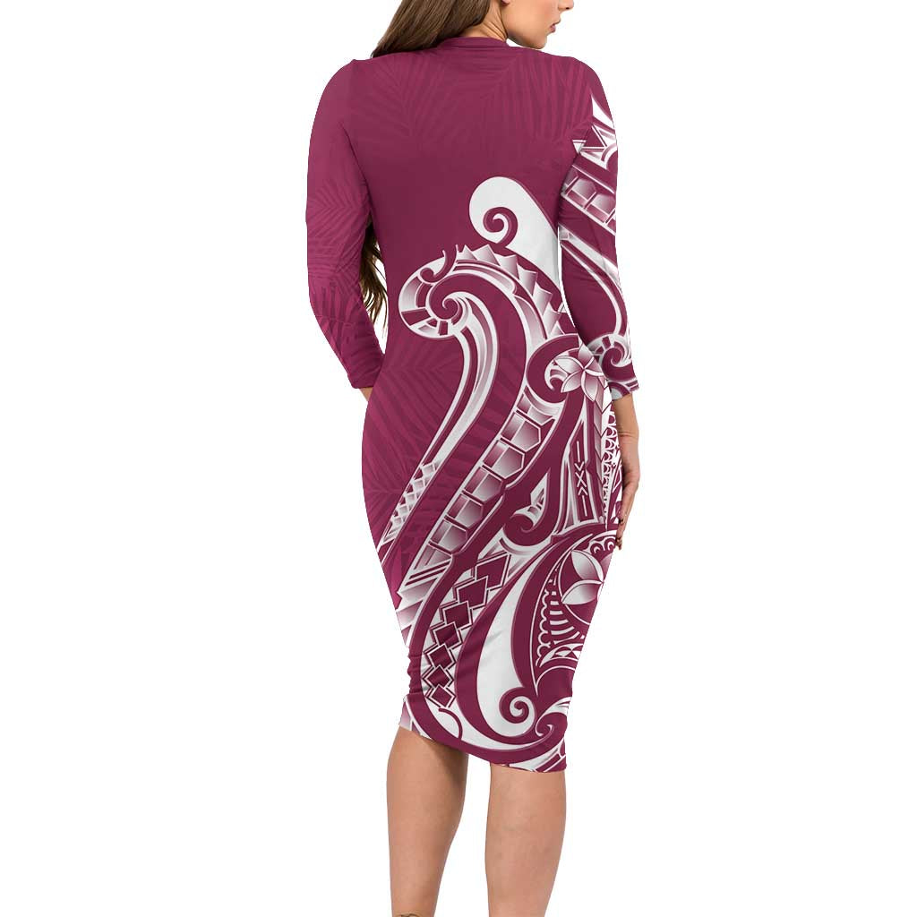 Kia Orana Cook Islands Long Sleeve Bodycon Dress Maroon Plumeria Tropical Waves - Polynesian Pride