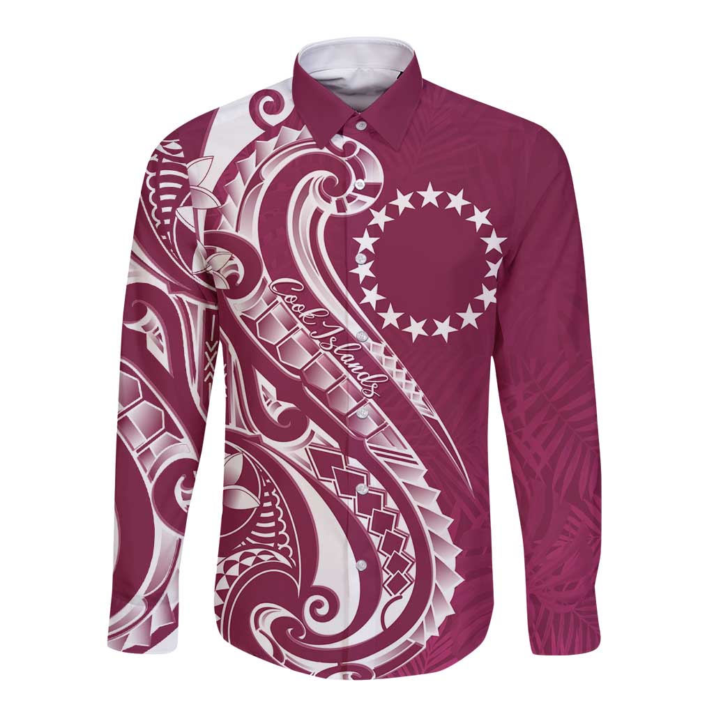 Kia Orana Cook Islands Long Sleeve Button Shirt Maroon Plumeria Tropical Waves - Polynesian Pride