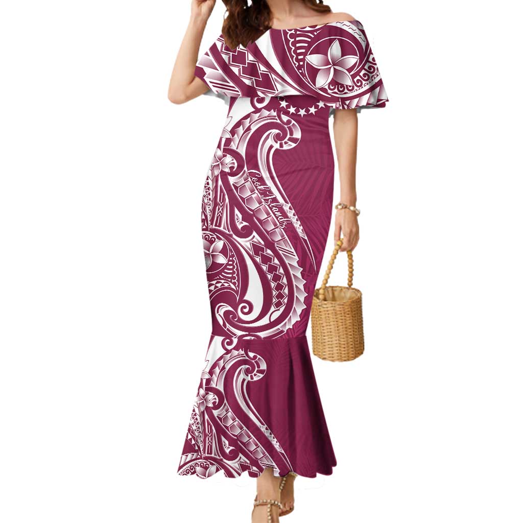 Kia Orana Cook Islands Mermaid Dress Maroon Plumeria Tropical Waves - Polynesian Pride