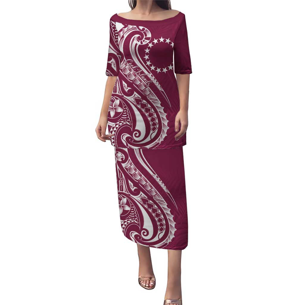 Kia Orana Cook Islands Puletasi Maroon Plumeria Tropical Waves - Polynesian Pride