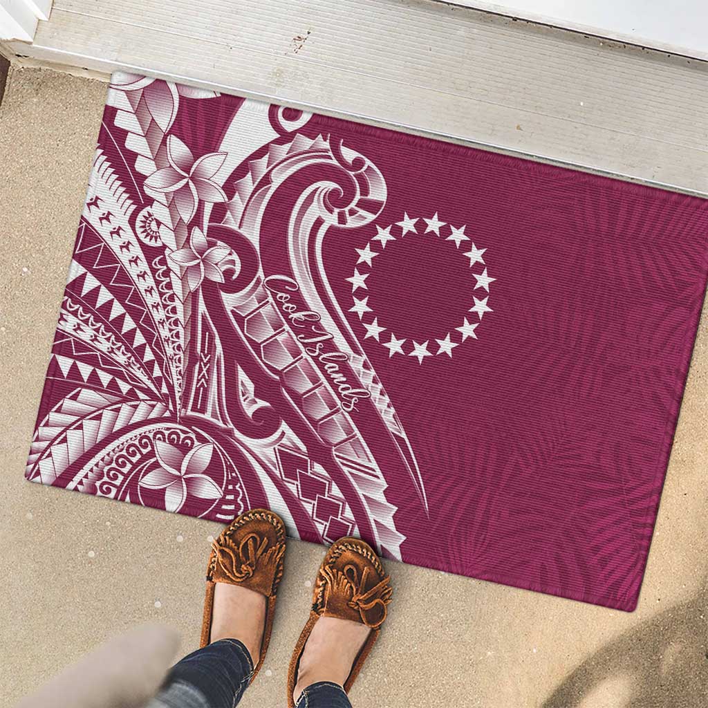Kia Orana Cook Islands Rubber Doormat Maroon Plumeria Tropical Waves - Polynesian Pride