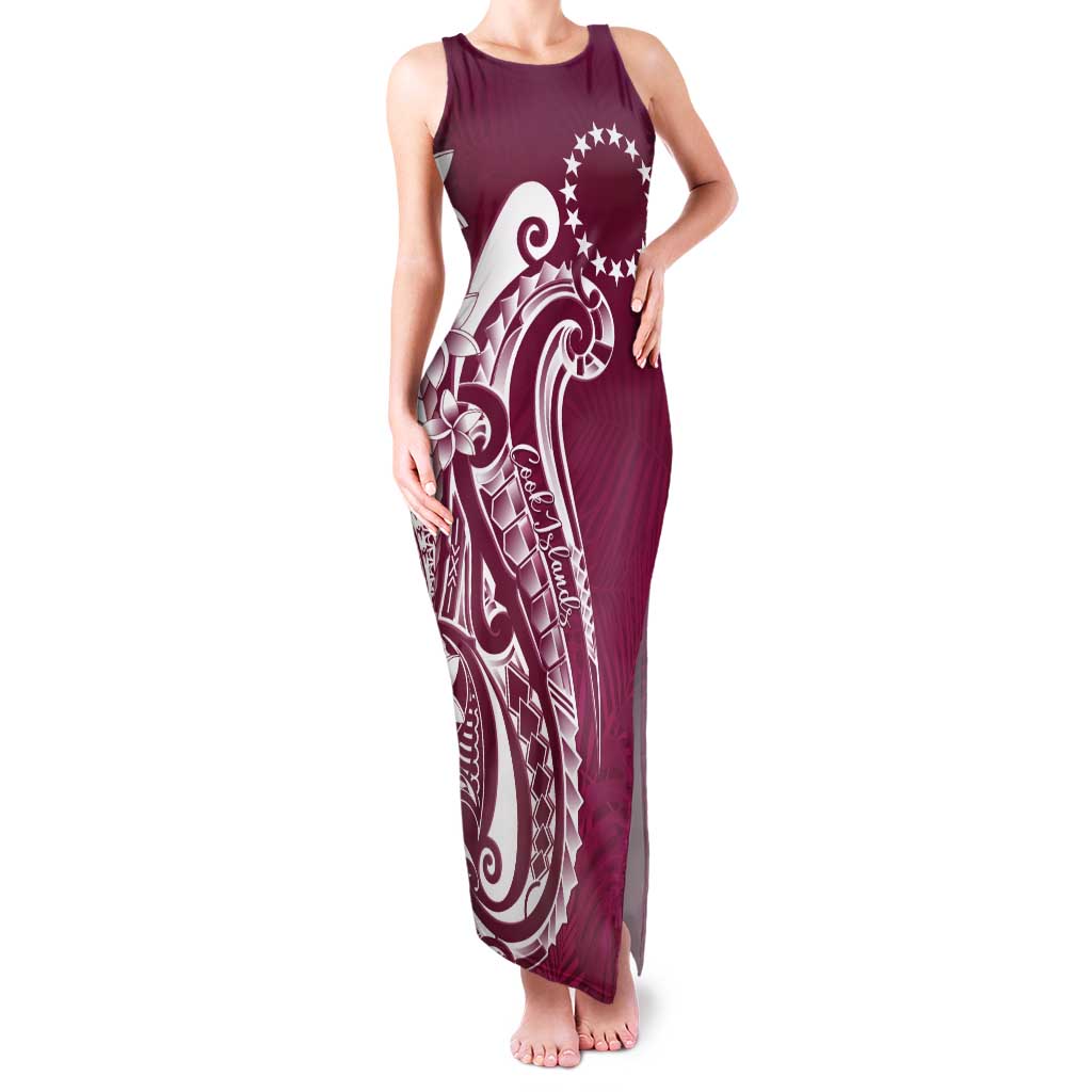Kia Orana Cook Islands Tank Maxi Dress Maroon Plumeria Tropical Waves - Polynesian Pride