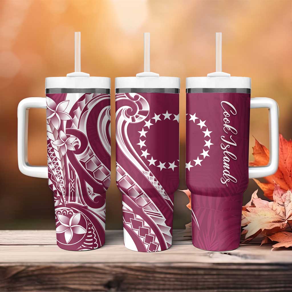 Kia Orana Cook Islands Tumbler With Handle Maroon Plumeria Tropical Waves - Polynesian Pride