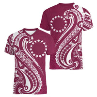 Kia Orana Cook Islands Women V-Neck T-Shirt Maroon Plumeria Tropical Waves - Polynesian Pride