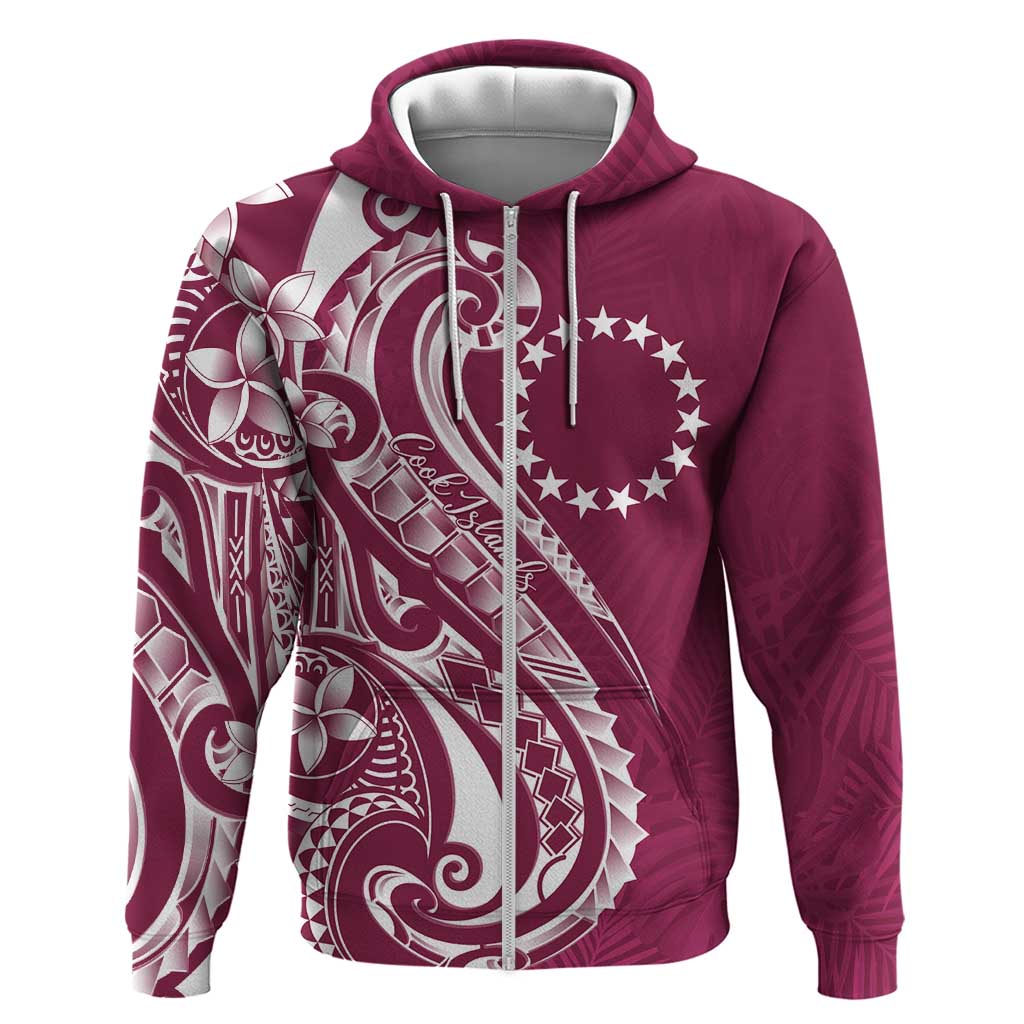 Kia Orana Cook Islands Zip Hoodie Maroon Plumeria Tropical Waves - Polynesian Pride