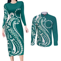 Kia Orana Cook Islands Couples Matching Long Sleeve Bodycon Dress and Long Sleeve Button Shirt Teal Plumeria Tropical Waves - Polynesian Pride