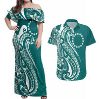 Kia Orana Cook Islands Couples Matching Off Shoulder Maxi Dress and Hawaiian Shirt Teal Plumeria Tropical Waves - Polynesian Pride