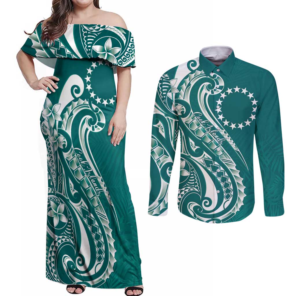Kia Orana Cook Islands Couples Matching Off Shoulder Maxi Dress and Long Sleeve Button Shirt Teal Plumeria Tropical Waves - Polynesian Pride