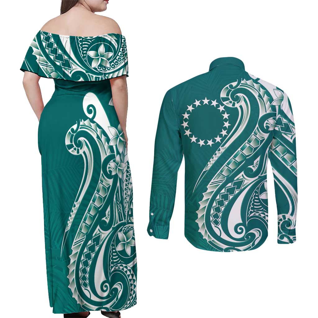 Kia Orana Cook Islands Couples Matching Off Shoulder Maxi Dress and Long Sleeve Button Shirt Teal Plumeria Tropical Waves - Polynesian Pride