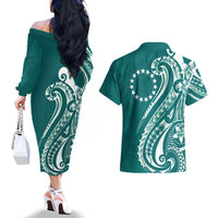 Kia Orana Cook Islands Couples Matching Off The Shoulder Long Sleeve Dress and Hawaiian Shirt Teal Plumeria Tropical Waves - Polynesian Pride