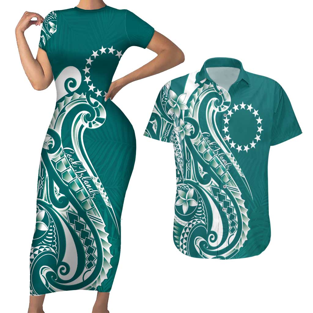 Kia Orana Cook Islands Couples Matching Short Sleeve Bodycon Dress and Hawaiian Shirt Teal Plumeria Tropical Waves - Polynesian Pride