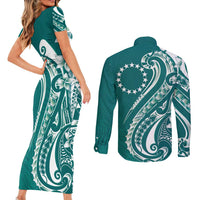 Kia Orana Cook Islands Couples Matching Short Sleeve Bodycon Dress and Long Sleeve Button Shirt Teal Plumeria Tropical Waves - Polynesian Pride