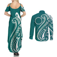 Kia Orana Cook Islands Couples Matching Summer Maxi Dress and Long Sleeve Button Shirt Teal Plumeria Tropical Waves - Polynesian Pride