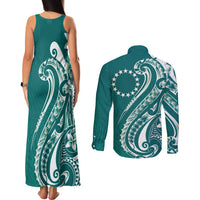 Kia Orana Cook Islands Couples Matching Tank Maxi Dress and Long Sleeve Button Shirt Teal Plumeria Tropical Waves - Polynesian Pride