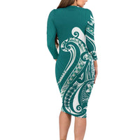 Kia Orana Cook Islands Family Matching Long Sleeve Bodycon Dress and Hawaiian Shirt Teal Plumeria Tropical Waves - Polynesian Pride