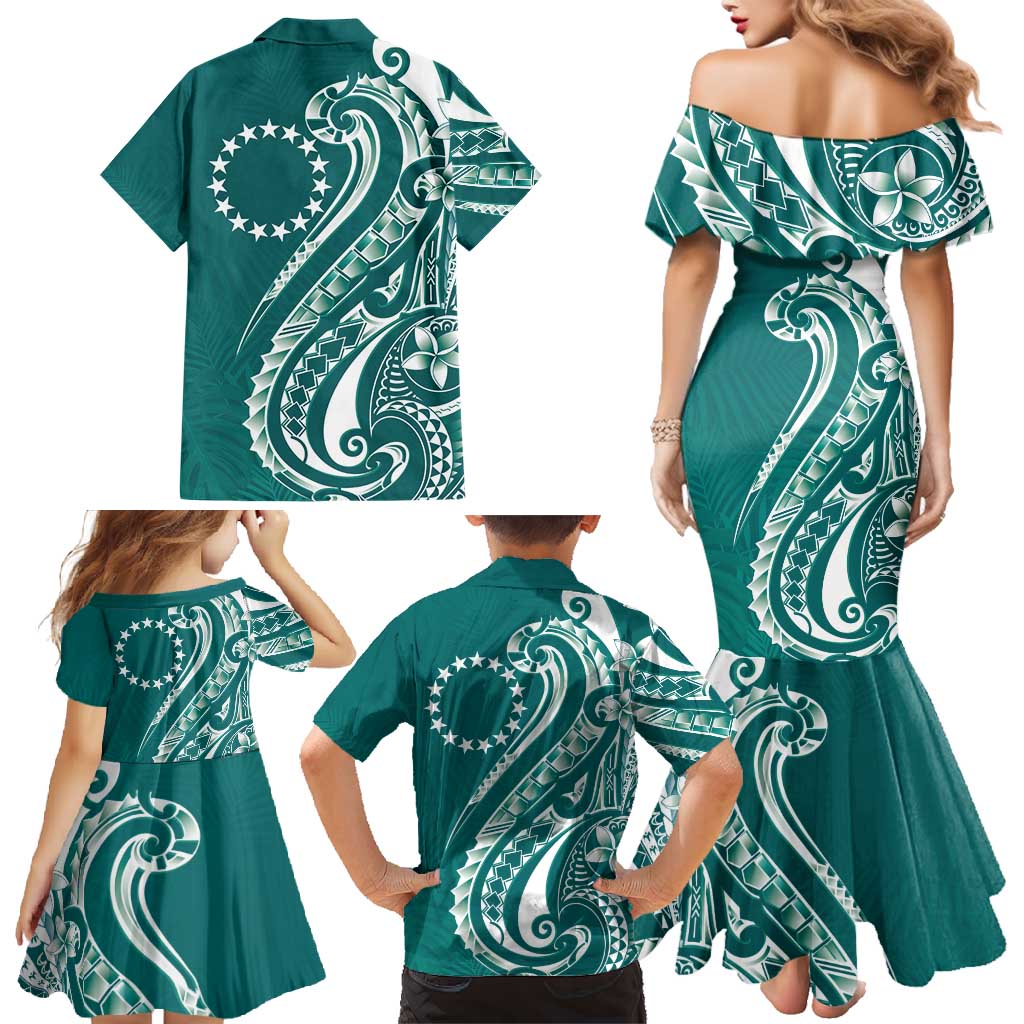 Kia Orana Cook Islands Family Matching Mermaid Dress and Hawaiian Shirt Teal Plumeria Tropical Waves - Polynesian Pride