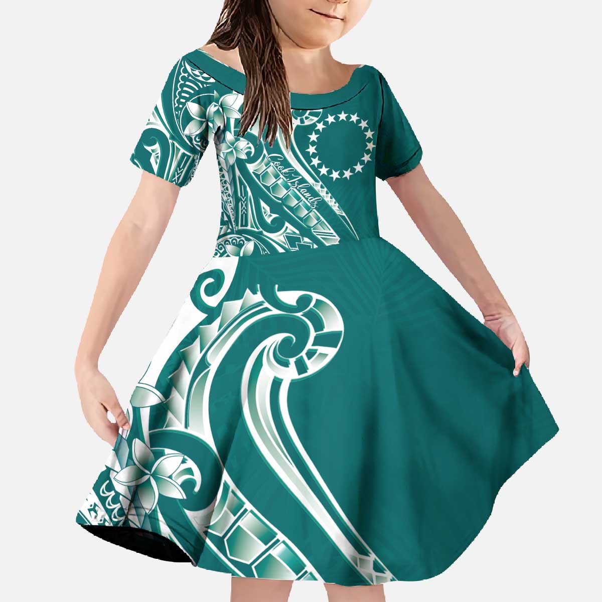 Kia Orana Cook Islands Family Matching Off The Shoulder Long Sleeve Dress and Hawaiian Shirt Teal Plumeria Tropical Waves - Polynesian Pride