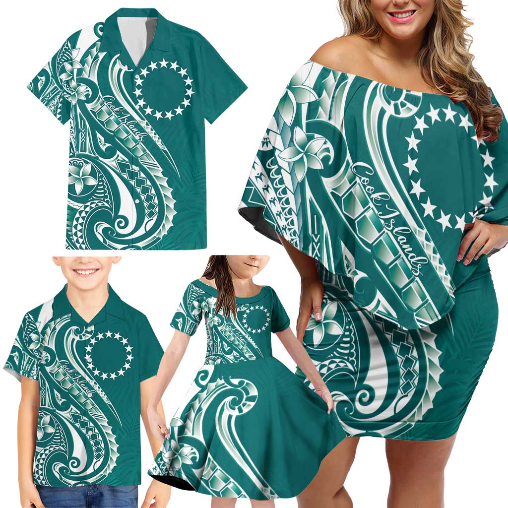 Kia Orana Cook Islands Family Matching Off Shoulder Short Dress and Hawaiian Shirt Teal Plumeria Tropical Waves - Polynesian Pride
